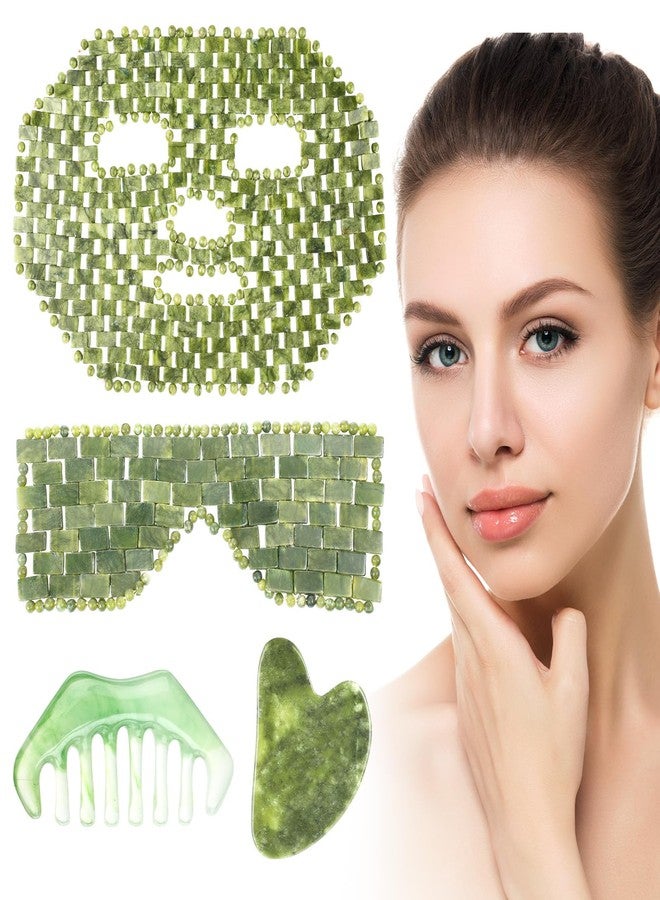 Demissle 4 Pcs Jade Eye Mask Jade Stone Facial Mask Scrap Massage Tool Hair Comb Facial Eye Cooling Stone Massage Tools for Puffy Eyes Dark Circles Gift(Dark Green) - Image 1